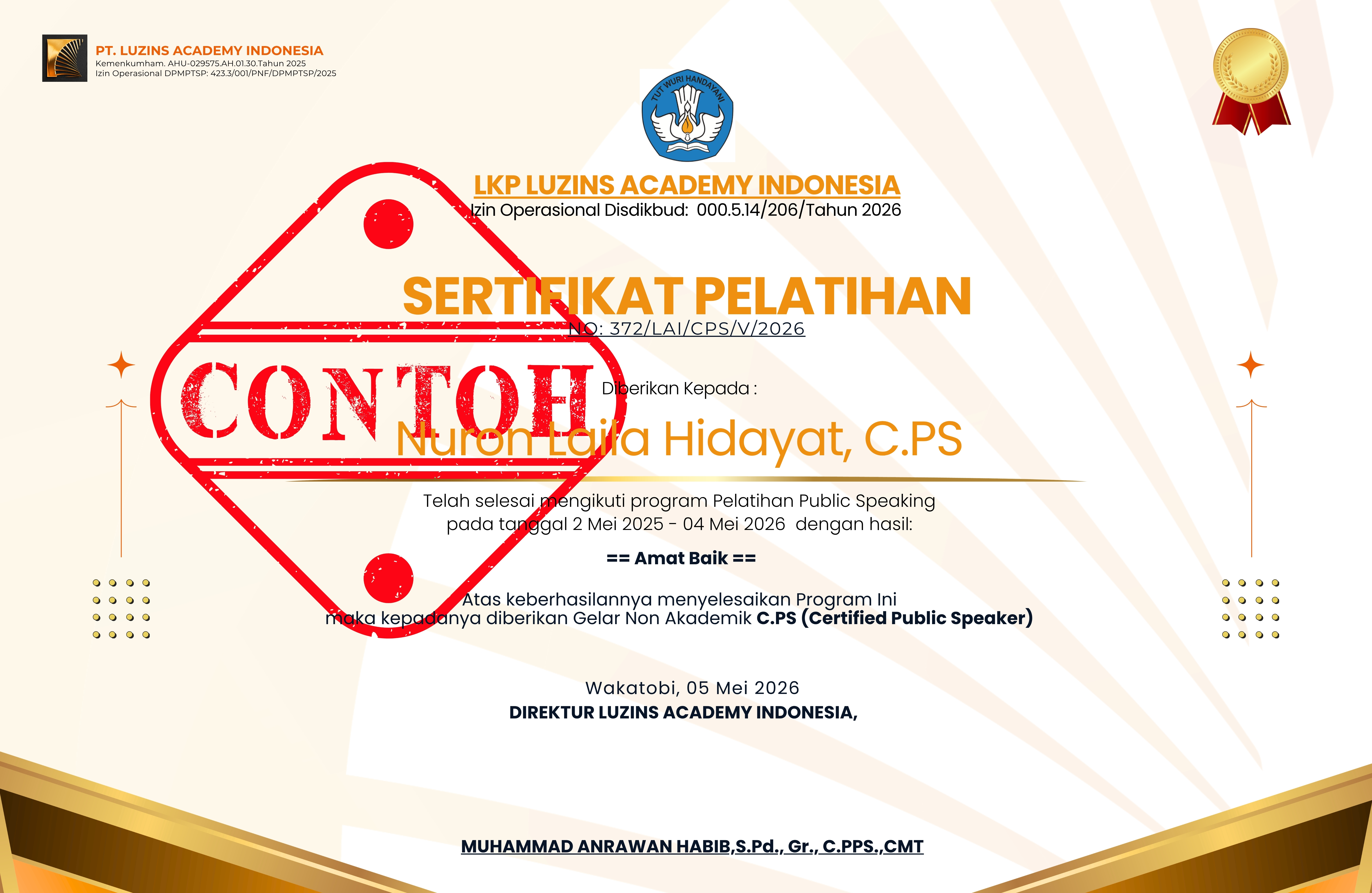 Contoh sertifikat pelatihan public speaking 1